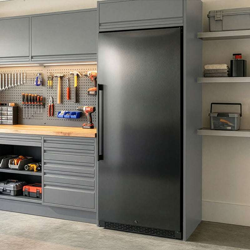A tall, dark gray freestanding refrigerator or freezer with a black front door and vertical handle, shown in a modern garage workshop setting with tool cabinets and shelves.